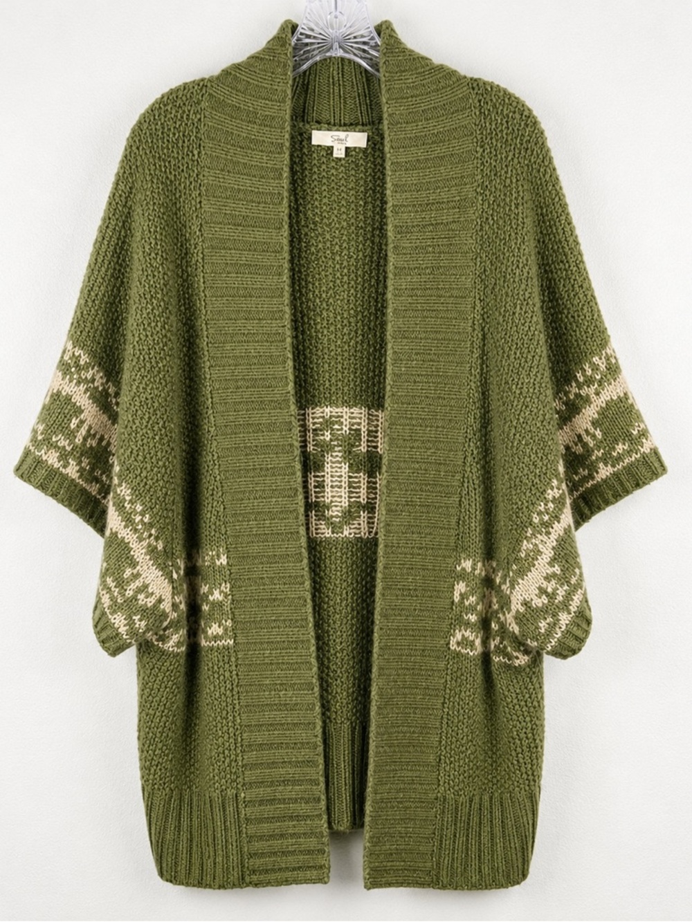 easel Olive Green and Cream Open Knit Cardigan